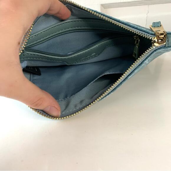 bebe Crushed Velvet Light Blue Wristlet Bag - Picture 5 of 7